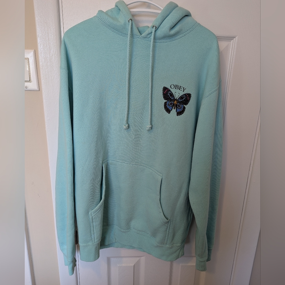 Obey Light Blue Hoodie with Butterfly